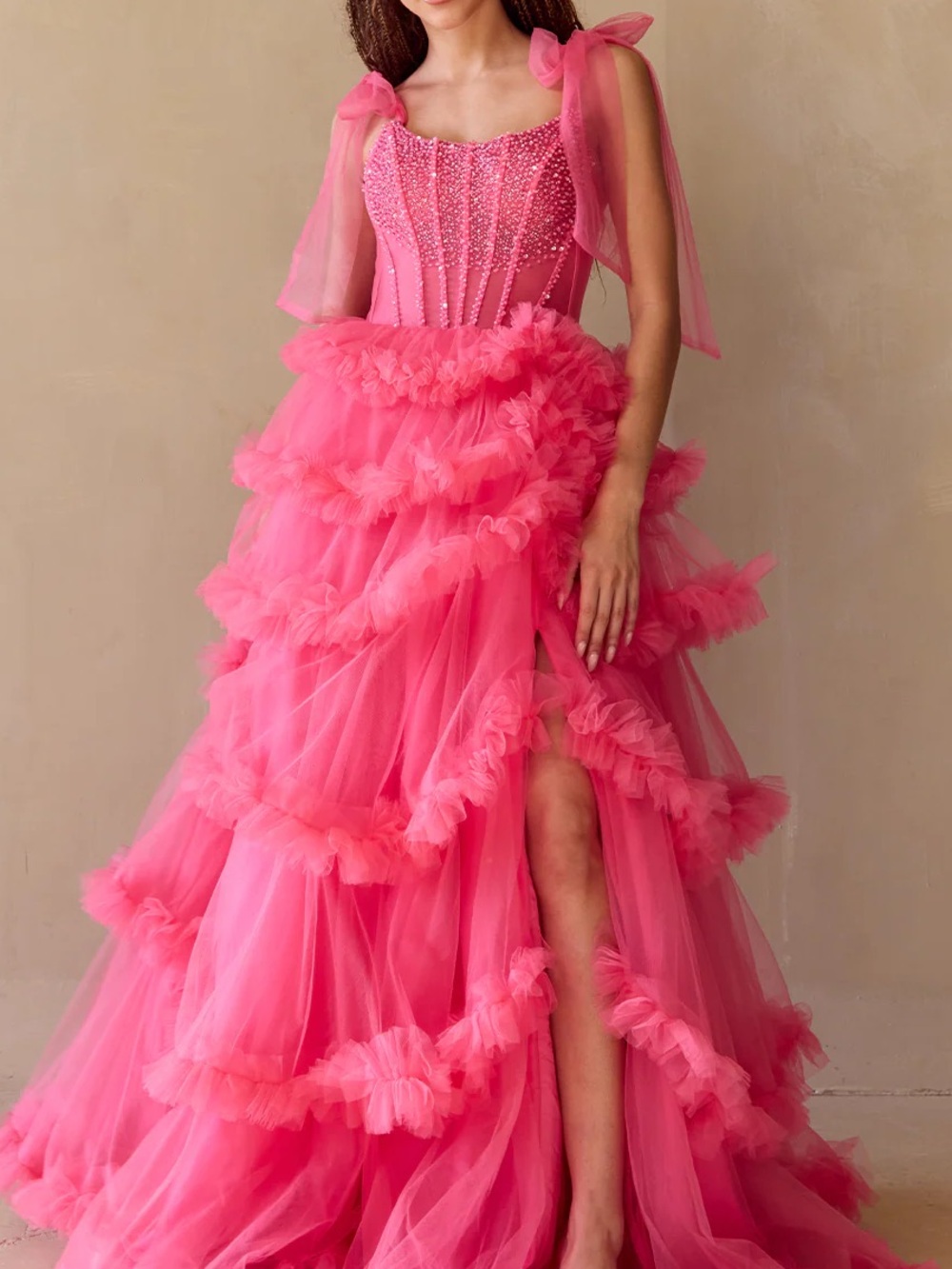Hot Pink Ruffled Tulle Gown with Beaded Bodice